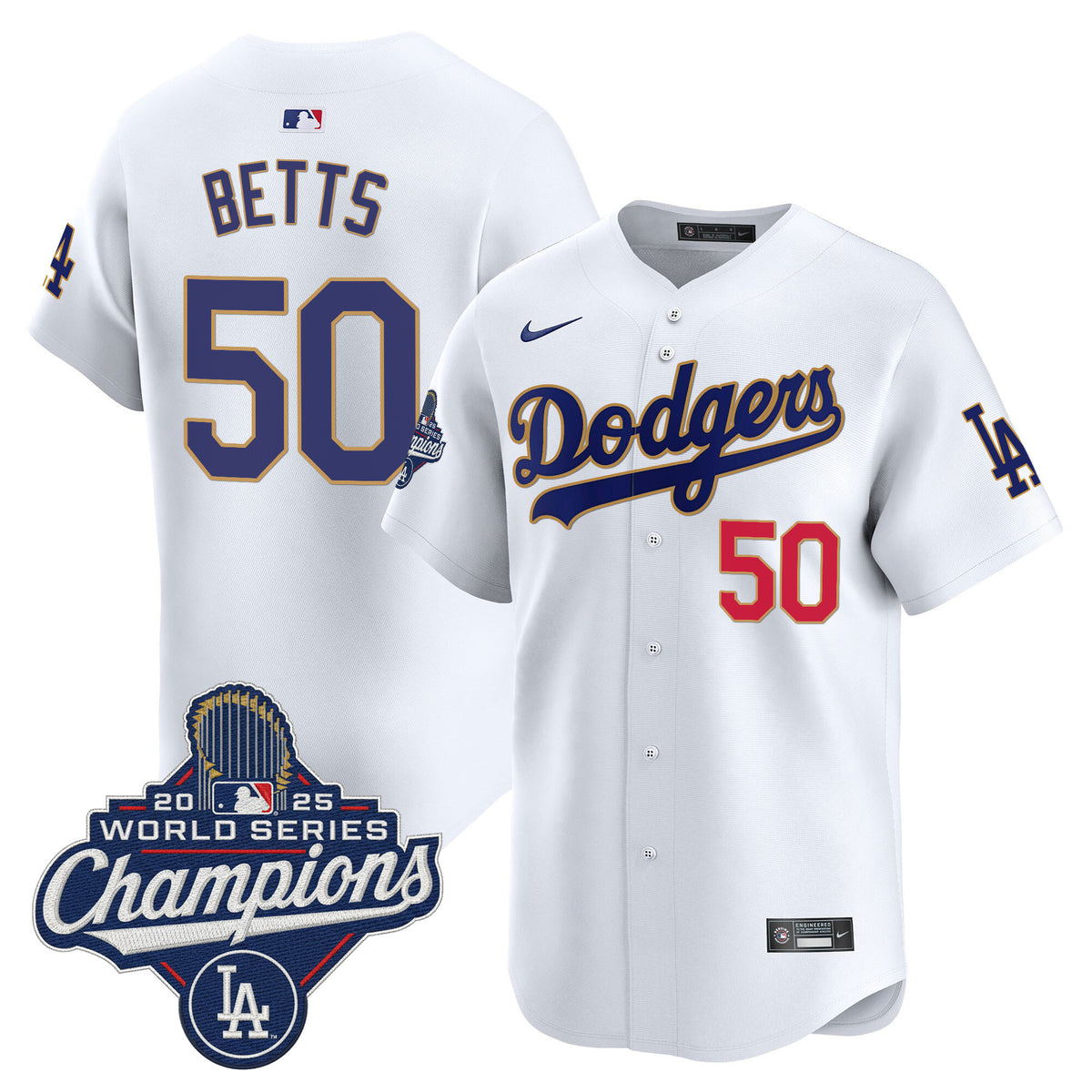 Men's Dodgers 2025 World Series Champions Patch Gold Trim Vapor Premier Limited Jersey - All Stitched