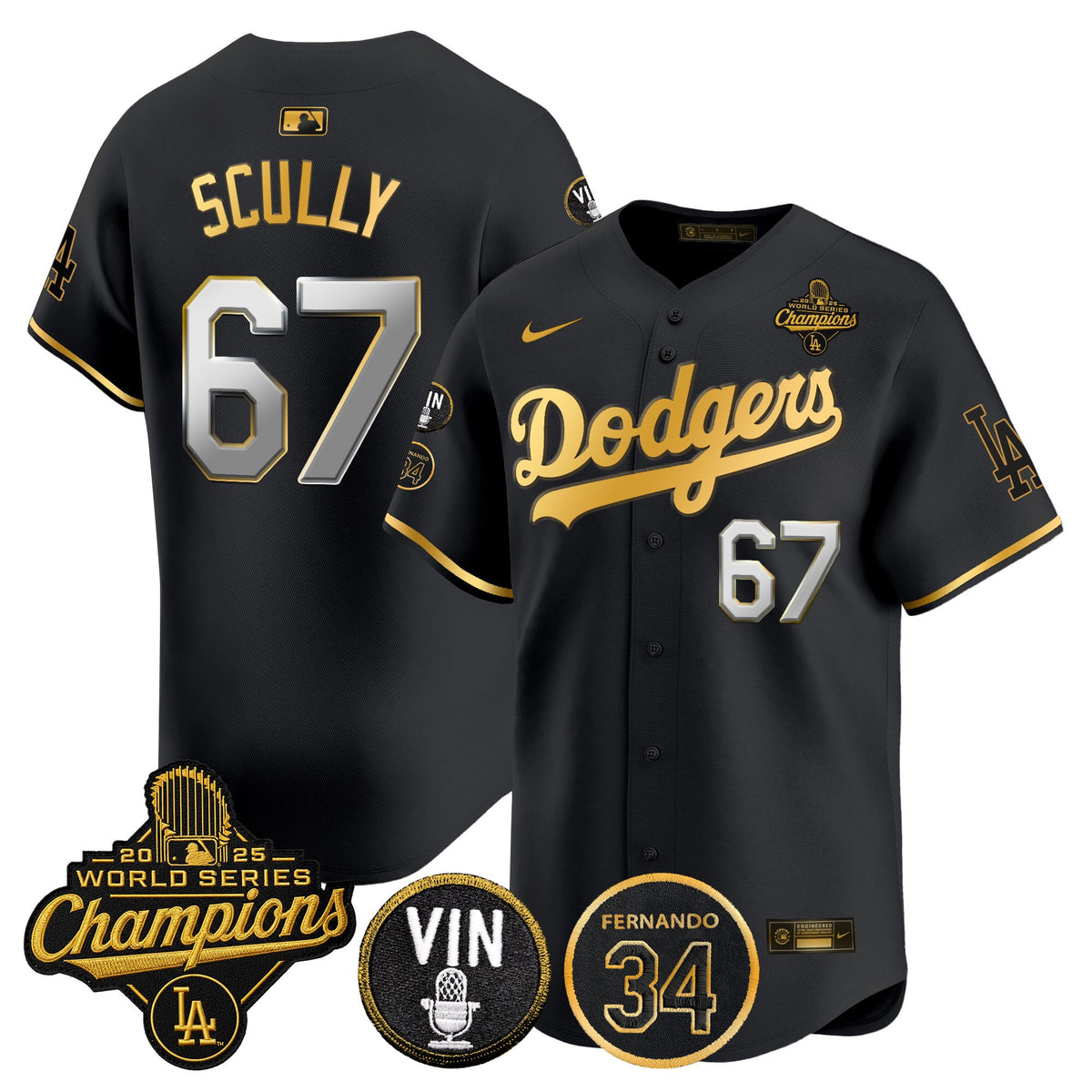 Men's Dodgers 2025 World Series Champions Vapor Premier Limited Jersey - Vin Scully & Fernando Patch - All Stitched