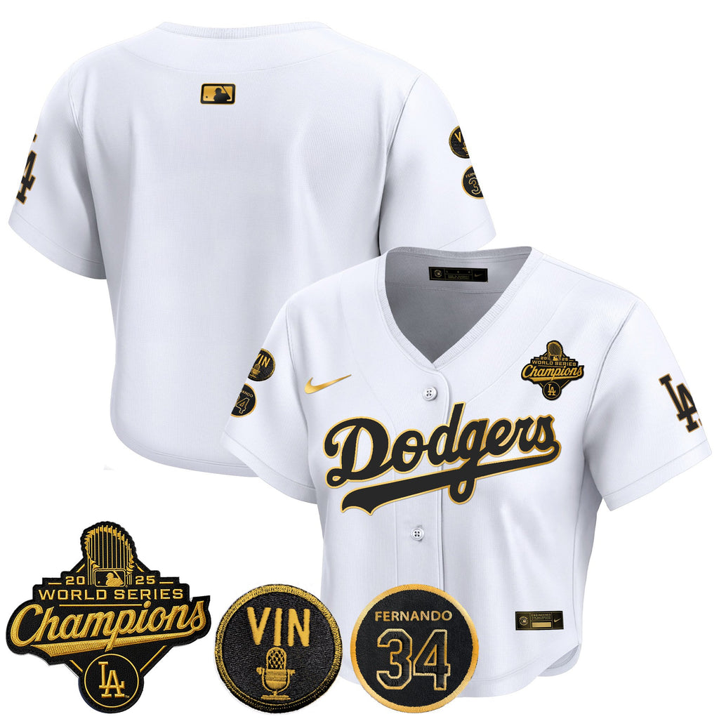 Women's Dodgers 2025 World Series Champions Crop Top Baseball Jersey - Vin Scully & Fernando Patch - All Stitched