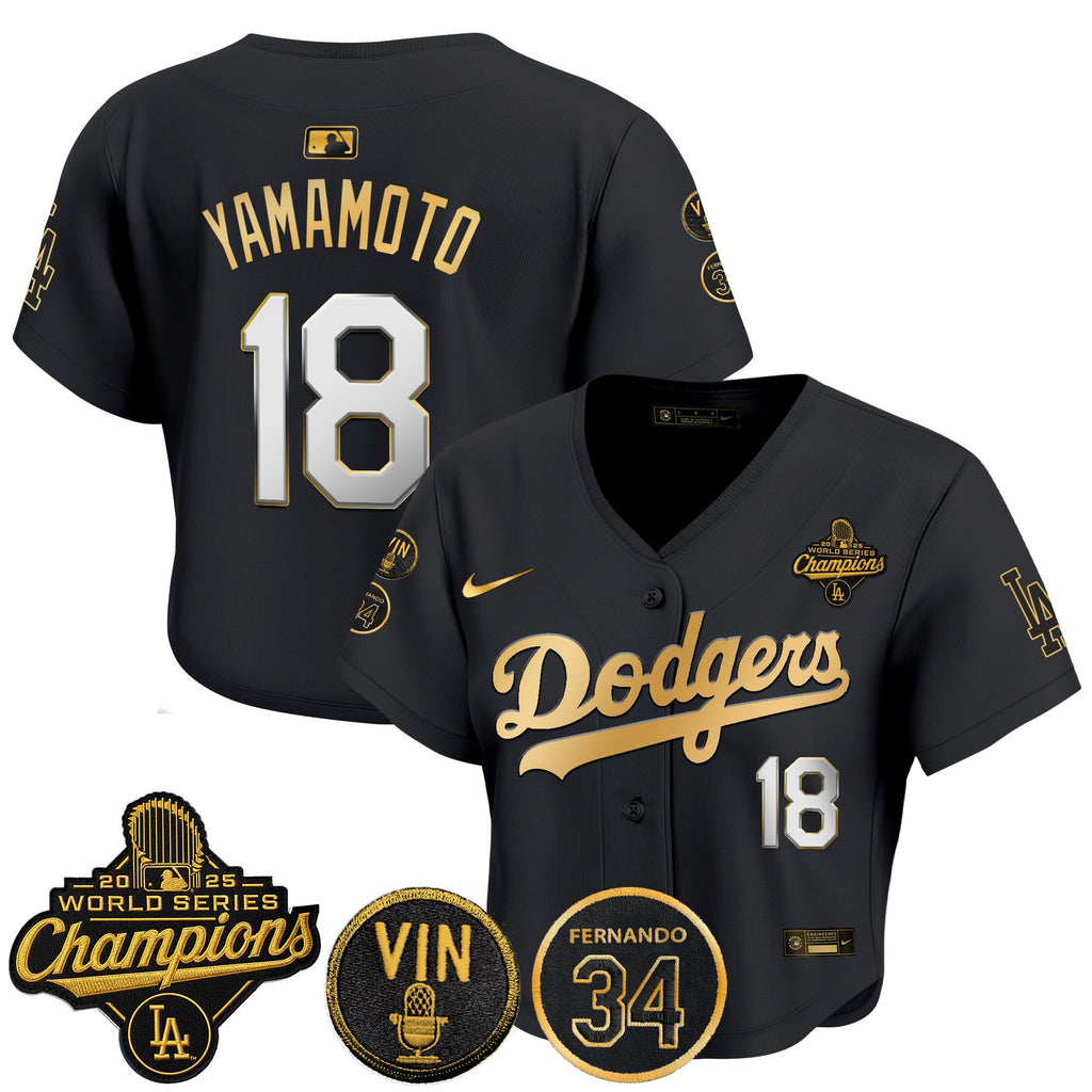 Women's Dodgers 2025 World Series Champions Crop Top Baseball Jersey - Vin Scully & Fernando Patch - All Stitched