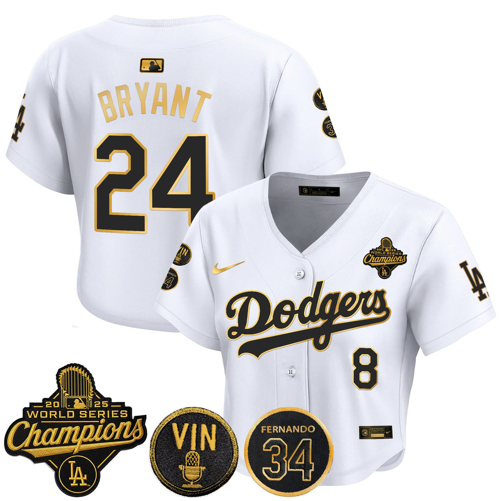 Women's Dodgers 2025 World Series Champions Crop Top Baseball Jersey - Vin Scully & Fernando Patch - All Stitched