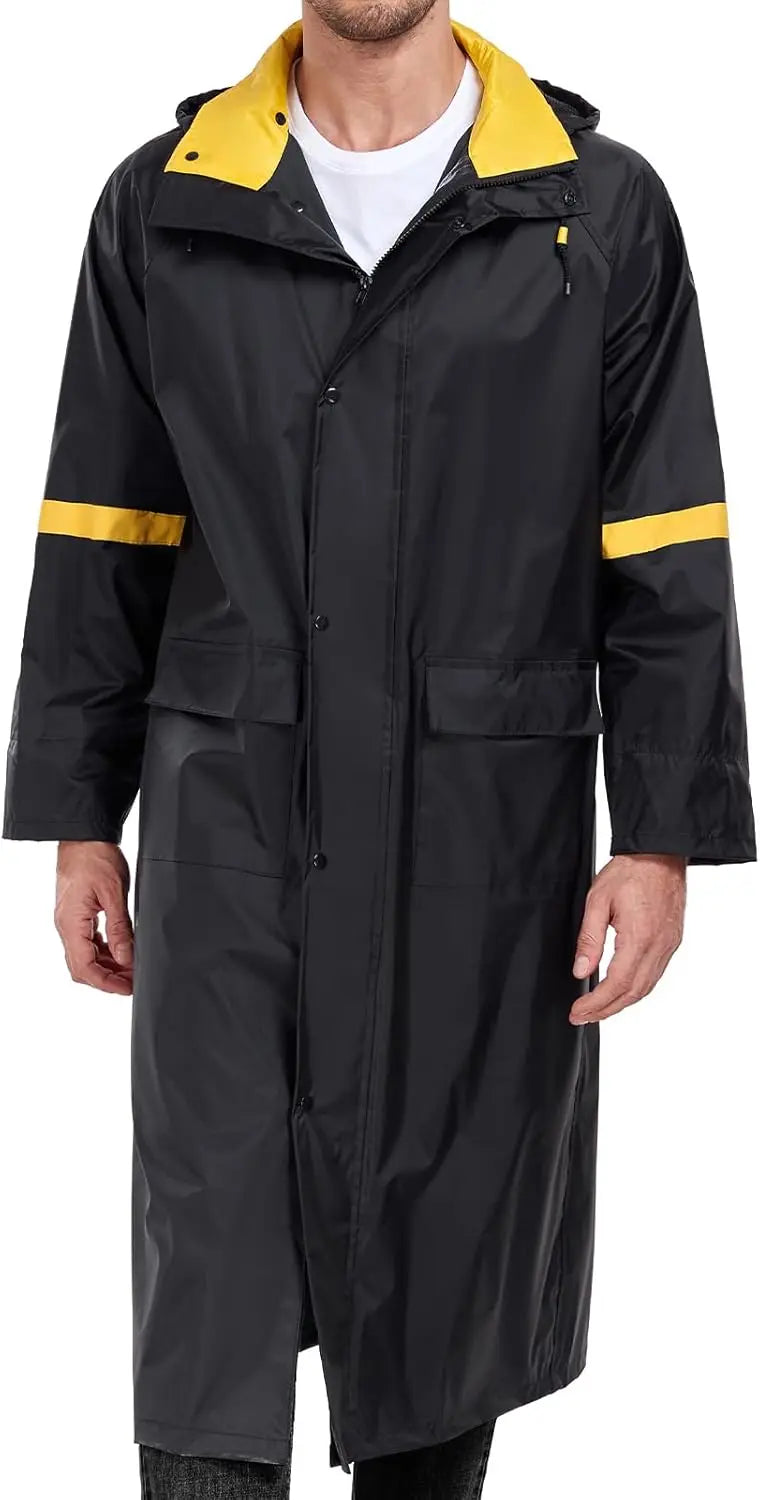 Classic Long Raincoat for Men Waterproof Hooded Jacket Poncho Breathable Lightweight Work Fishing